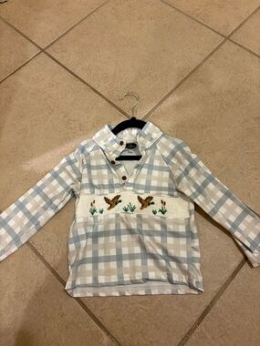 Plaid Embroidered Duck Pullover Shirt - Light Blue & Cream - Kids